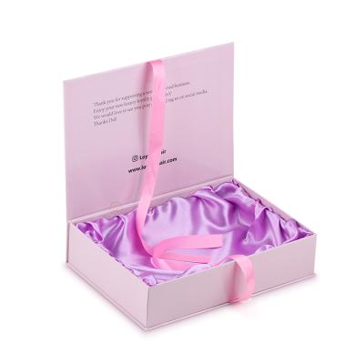 China Handmade Custom Logo Ribbon Gift Cardboard Book Shaped Magnetic Hair Extension Box Packaging With Satin Silk Insert For Wig Packaging for sale