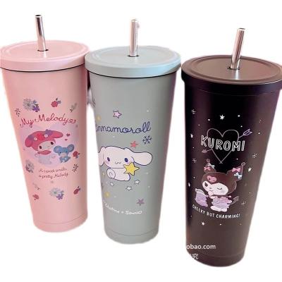 China Kawaii Badtz-Maru Melody Kuromi Cinnamoroll Summer Cute 750Ml Cartoon Sanrioed Vacuum Cup Cold Drink Medal Straw Ice Bottle Girls Gift for sale