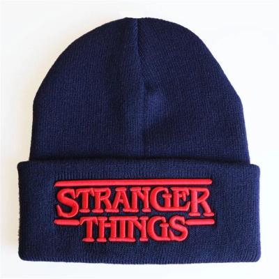 China Fashion Character Movie Stranger Warm Things Knitted Hat Embroidery Black Keep Warm Wool Hat Autumn Winter Gift for sale