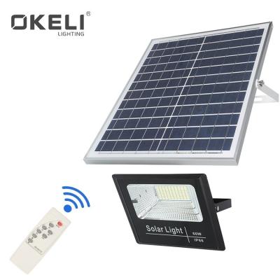 China OKELI 30w 60w 100w 200w ip66 Interface Female Waterproof Garden Rain and Flood Proof Male Solar Powered Outdoor Led Solar Light for sale