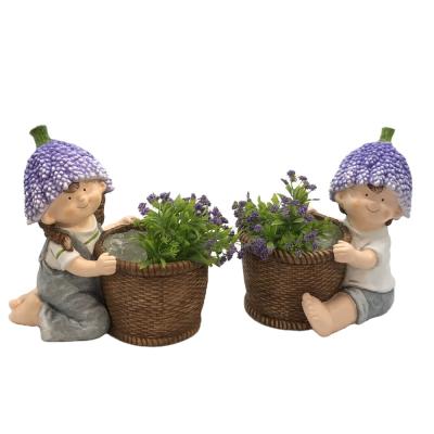 China Eco-friendly Outdoor Decor Boy and Girl Statue Decorations Cute Lavender Shape Garden Ornaments with Flower Pot for sale