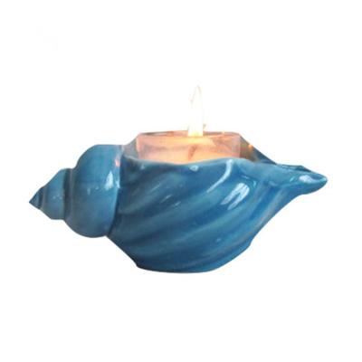 China Eco-Friendly Unique Ideas Ocean Decorative Gifts Conch Shaped Blue Ceramic Candle Holder for sale