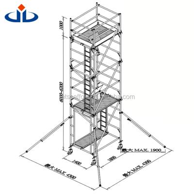 China Industrial 1.4 x 1.8 x 6m Mobile Tower Aluminum Alloy 6063 Scaffolding System Strong Loading Capacity Mobile Scaffolding Tower for sale