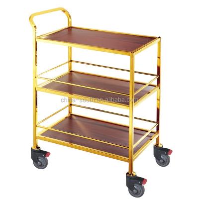 China Hot Sale 201 Stainless Steel +MDF Wooden Panel Hotel Room Service Catering Trolley 3 Tiers for sale