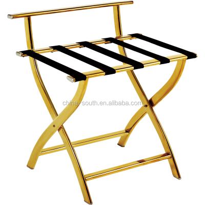 China Hotel Bedroom Gold Color Stainless Steel Folding Hotel Luggage Rack With Back for sale