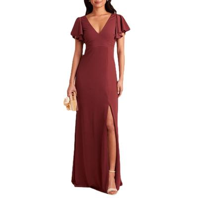 China Long Breathable Knitting Dress Dusty Rose Side Slit Party Gowns V-Neck Bridesmaid 2022 New Flutter Sleeve Mermaid Evening Dresses For Women for sale