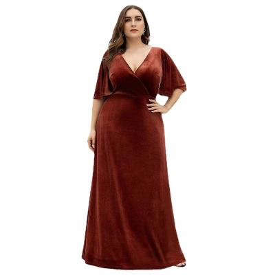 China 2022 Anti-Wrinkle Customized Quality Plus Size Flare Sleeves Velvet Evening Dress V Neckline A Line Burgundy Long Formal Dress for sale