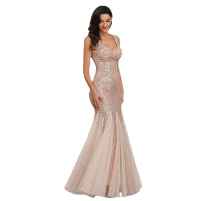 China 2022 Elegant Sequin Evening Dress Women Wedding Double V Mermaid Prom Dress Breathable Sexy Formal Dress for sale