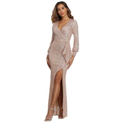 China Women's Sexy Gold V-Neck Evening Dresses Sequin Dress Long Sleeve Party Formal Elegant Breathable Prom Dress For Wome for sale