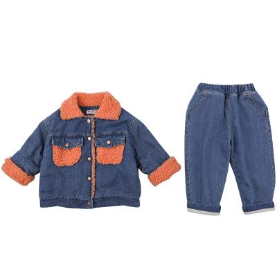 China Girls Casual Winter Suits Kids Plus Velvet Thickened Denim Suit Two-piece Warm Girl and Boy Suit for sale