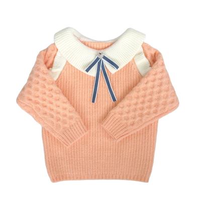 China Girls Anti-Shrinkage Color-blocking Sweater Solid Color Bow Tie Sweater Knitted Long Sleeve Loose Top for sale