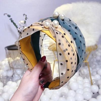 China High Quality Mesh Hair Band Fashion Korean Women Hair Accessories Elegant Lace Up Crystal Pearl Wide Cross Polk Dot Twist Hair Band for sale