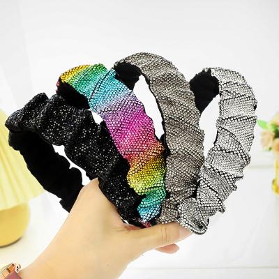 China Wholesale New Arrival Korean Style Wide Wave Diamond Headband Women Luxury Bling Cloth Headband Scrunched Crystal Hairband for sale