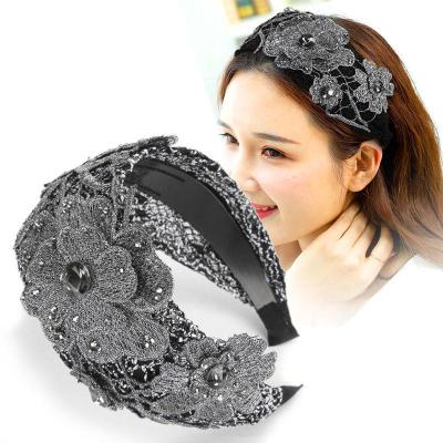 China Lady Broad Edge Headband Rhinestone Lace Headbands Non-slip Fabric Material Flower Satin Wrap Hair Crystal Headband For Women for sale