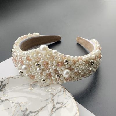 China 2021 New Women Hair Accessory Rhinestone Crown Headband Handmade Luxury Bright Baroque Bride Full Colors Pearl Headband Headband for sale