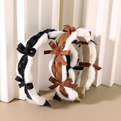 China New Arrival Sweet Bow Headband Winter Fur Headbands PU Leather Headbands Lady Women Girls Hair Accessories for sale