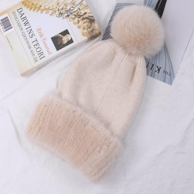 China COMMON Good Quality Women's Wool Belend Patchwork Winter Knitted Mink Fur Hat Cap Natural Fox Fur Real Pom Poms Beanie Lady Fashion for sale