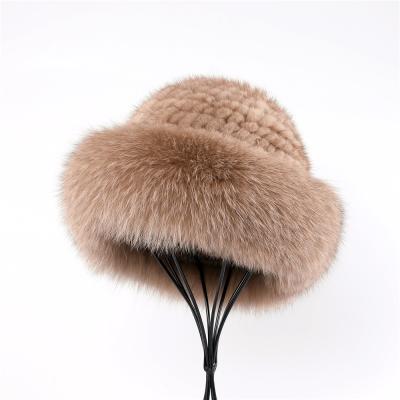 China JOINT Luxury Women's Winter Warm Mink Fur Knitted Bucket Hat Fox Fur Trim Covers Beanies Top Hats for sale