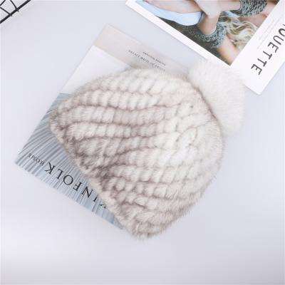 China COMMON Women's Winter Mink Fur Knitted Hat Real Fur Beanie Caps With Fox Fur Ball Pom Poms for sale