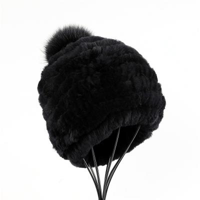 China European Resort Luxury Women's Madame Winter Warm Bucket Hat Rex Rabbit Fur Beanie Hats True With Fox Fur Pom Poms Solid Color for sale