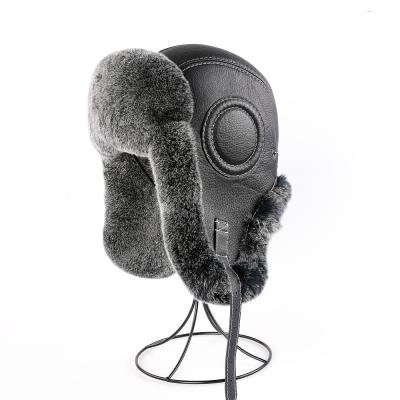 China 2021 Winter Mens COMMON Real Rex Raabit Fur Bomber Hat Ushanka Russian Man Leather Ski Hats Caps Real Sheepskin Hat Trapper 100% for sale