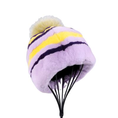 China Lady Winter Fox Fur Warm Beanie Cap Bucket Hat With Rex Rabbit Fur Rainbow Hats European Resort Luxury Women's Fox Fur JOINT Real Pom Poms for sale