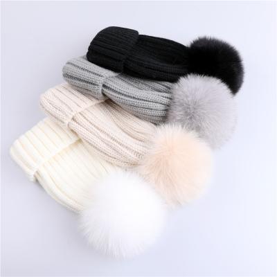 China 2021 COMMON Hot Sale Winter Wool Blend Fox Fur Pom Pom Beanie Hat for sale