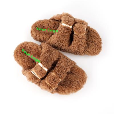 China Autumn Winter Real Fur Women's Anti-odor Lamb Wool Curly Shearling Sandals Bedroom Slide Slippers Home Shoes for sale