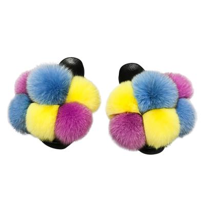 China Wholesale 2021 Fashion Trend Fashion Fur Pom Pom Slippers Lady Fashion Raccoon Fur Sandals for sale