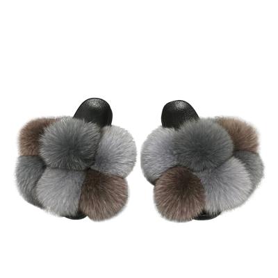 China New Fashion Trend Lady's Fur Slippers Mixed Color 6 Color Ball Fur Sandals Fox Fur Pom Pom Flat Slides For Women for sale