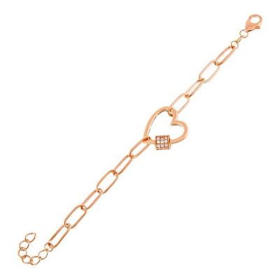 China TRENDY S925 Silver Pave CZ Diamond Heart Charm Paperclip Chain Bracelet Women for sale