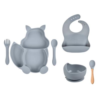 China BPA Free Silicone BPA Free Baby Set Squirrel Divided Dinnerware Set Squirrel Bowl Sucker Bowl Spoon Feeding Fork Set Training Food Utensil Feeding Dishes for sale