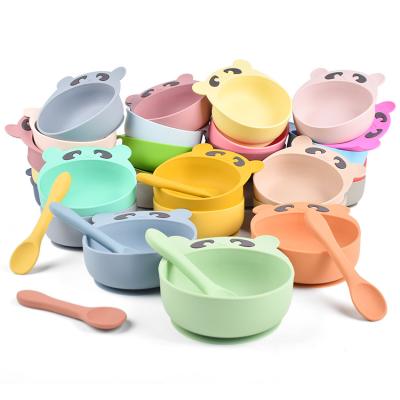 China Silicone BPA Free Anti-Drop Suction Cup Cup Bear Spoon Bowl Kids Food Bowl Complementary Children Kids And Fork Set Baby Cartoon plate dishes for sale