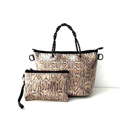 China Fashion Fashion Customized Animal Snake Printed Neoprene Handbags Shopping Bags With Small Pocket for sale