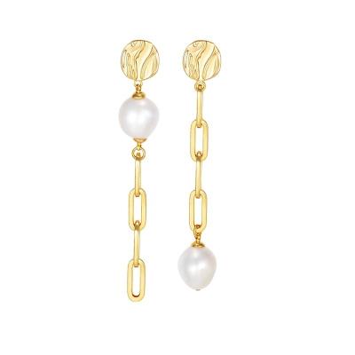 China Eco-Friend Jewelry Women's Asymmetrical 18K Gold Plated Freshwater Pearl Drop Paperclip Chain Link Drop Earrings for sale