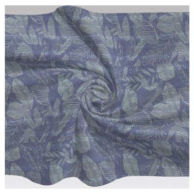 China Sustainable Blue Leaf Polyester Printed Fabric With Stretch For Dress And Skirt for sale