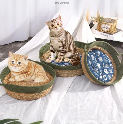 China Breathable High Quality Eco-friendly Handwoven Wicker Cat Bed Wicker Woven Rattan Pet House Nest With Soft Cushion for sale