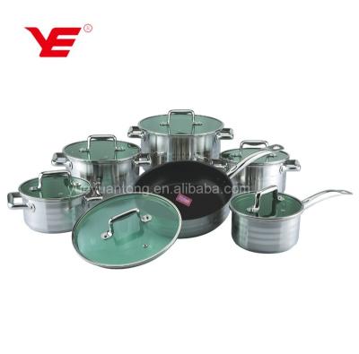 China Sustainable 12pcs Stainless Steel Cookware Set With Green Glass Lid In Gift Box for sale