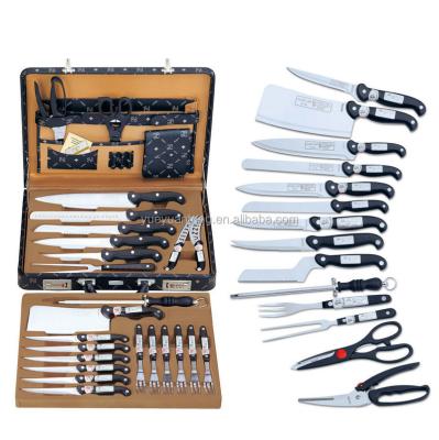 China Viable 24pcs Stainless Steel German Kitchen Knives Set With Cheese Knife In Leather Case for sale