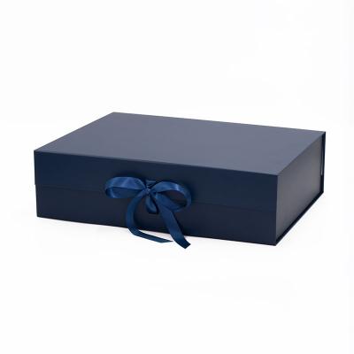 China Custom Recyclable Navy Blue A3 Shallow Collapsible Magnetic Gift Paper Box Packaging With Ribbon for sale