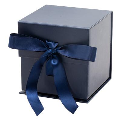 China Recycled Materials Wholesale Navy Blue Collapsible Magnetic Closure Small Cube Gift Box With Ribbon for sale