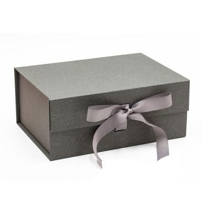 China Luxury a5 recycled materials deep in stock gray color magnetic folding gift box with ribbon tie for sale