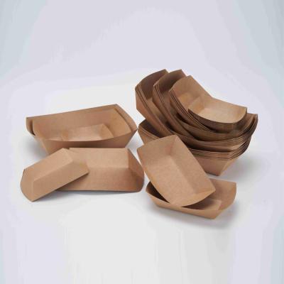 China Disposable Custom Sizes Disposable Brown Paper Ship Tray Snacks Tray For Fruit Wrapping Paper Food Box Container for sale