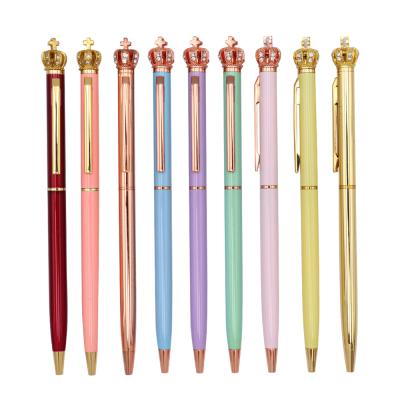 China Promotional Pen Gift Metal Rose Gold Crystal Ball Point Pens Crown Luxury Slim Pen for sale