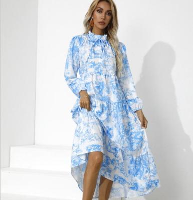 China Anti-wrinkle 2021 New Fashion Hot Selling Women Dress Long Sleeve Floral Print Turtle Neck Empire Waist Dress Loose Casual Flowy Outfits for sale