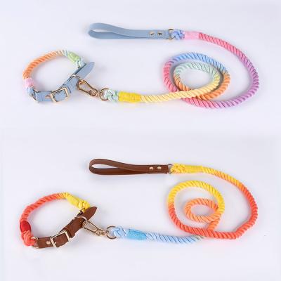 China Amazon Best Selling Wholesale Wholesale Custom Stocked Logo Colorful Luxury Leather Cotton Rope Leash Collar For Dog for sale