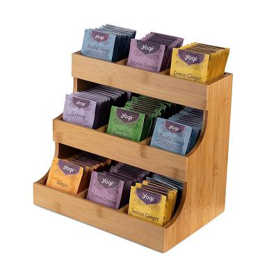 China Small Viable Bamboo Display Sugar Coffee Bag Storage Box Condiment Tea Bag Organizer Rack For Counter for sale