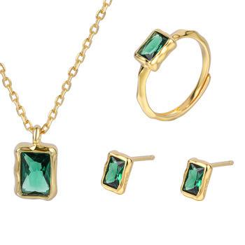 China FASHIONABLE Geometric Fine Jewelry Silver Gold Plated Emerald Green Square Necklace Earrings Rings Jewelry Sets for sale