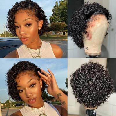 China Natural Kinky Curly Peruvian Brazilian Short Lace Front Bob Hair Wigs 360 Silky Straight Wave Pixie Cut Hairband HD Color Women Headband for sale