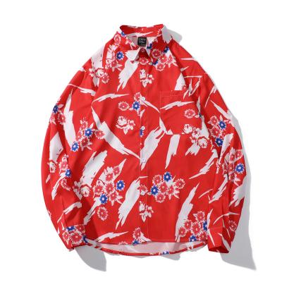 China Bright Flower Long Sleeve Shirt Anti-wrinkle Red Men Custom 3D Long Sleeve Printing Large Size Loose Wholesale Price for sale